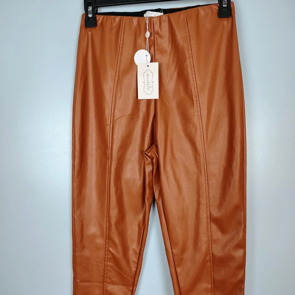 Mud Pie Faux Leather‎ Split Hem Leggings Cognac Brown High Waisted Small NWT